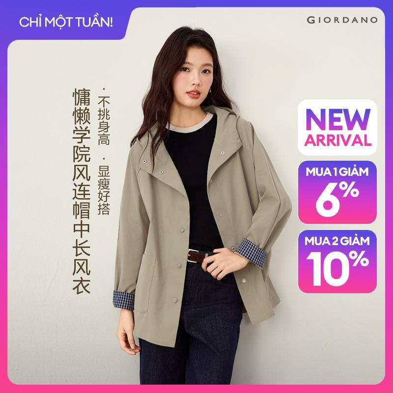 GIORDANO Women Coats Windowpane Cuffs Hooded Trench Coats Mid-Length Relaxed Fashionable Casual Jackets 13376778