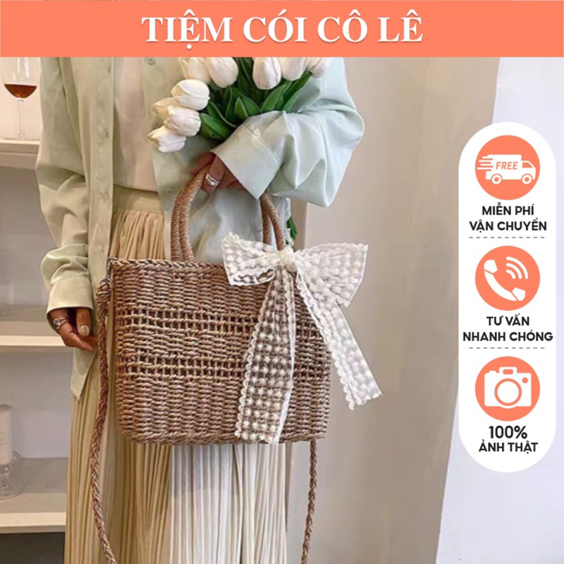 Túi cói thủ công handmade đi biển đeo chéo mix nơ cực xinh-Tiệm Cói Cô Lê