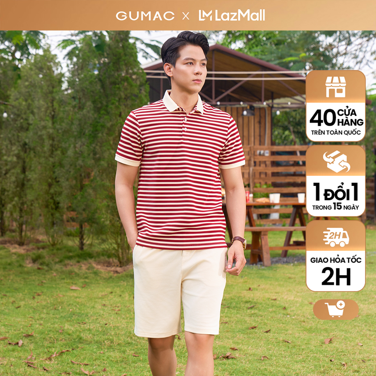 Áo thun polo nam sọc dày form suông màu đỏ - nâu - xanh phối cổ màu be thời trang GUMAC PLNF01012