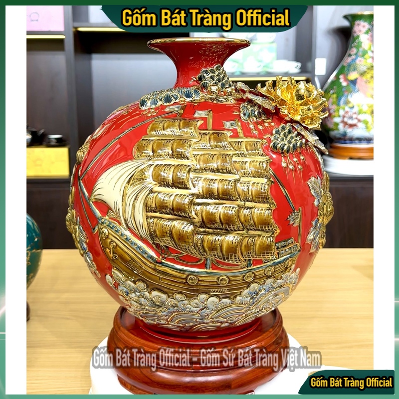 Bình Hút Lộc Bát Tràng Đắp Nổi Vẽ Vàng 24K Màu Đỏ-Thuận Buồm Xuôi Gió-Bình Tài Lộc Bát Tràng Cao Cấp