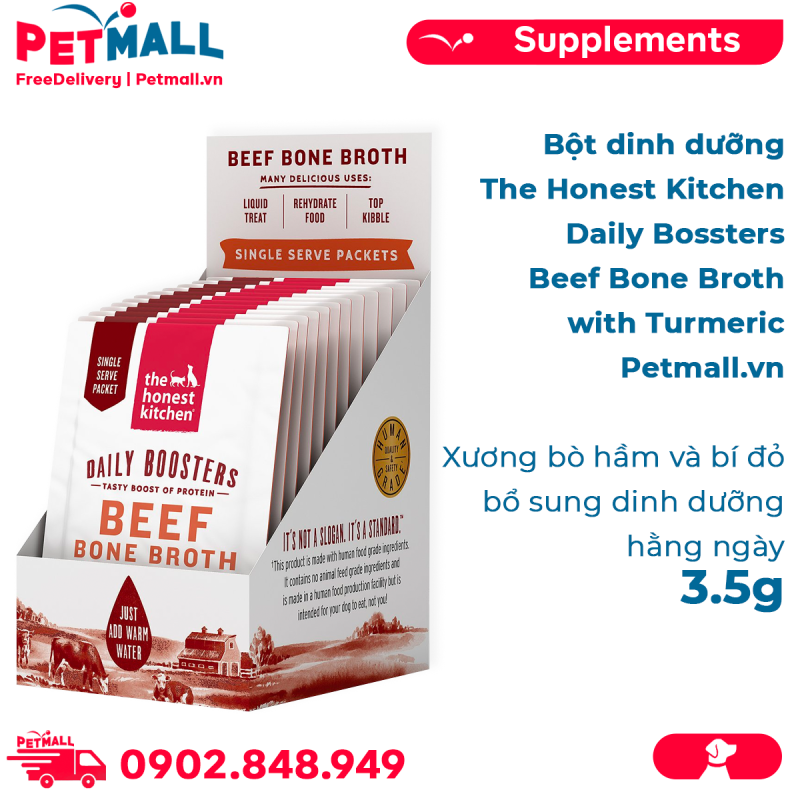 Bột dinh dưỡng The Honest Kitchen Daily Boosters Beef Bone Broth with Turmeric 3.5g - 1 gói - Xương bò hầm và bí đỏ, bổ sung dinh dưỡng hằng ngày Petmall
