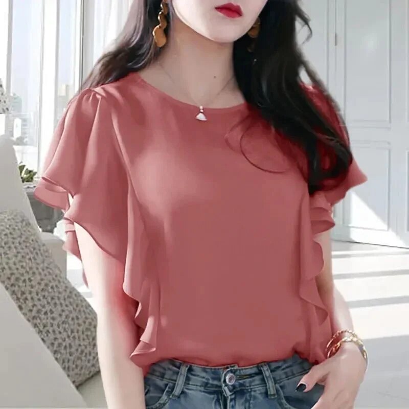 Áo cánh vải voan Cho Phụ Nữ Mùa Hè phong cách Hàn Quốc mới Rắn Áo nữ cỡ lớn đơn giản ngắn tay bèo nhún áo nữ