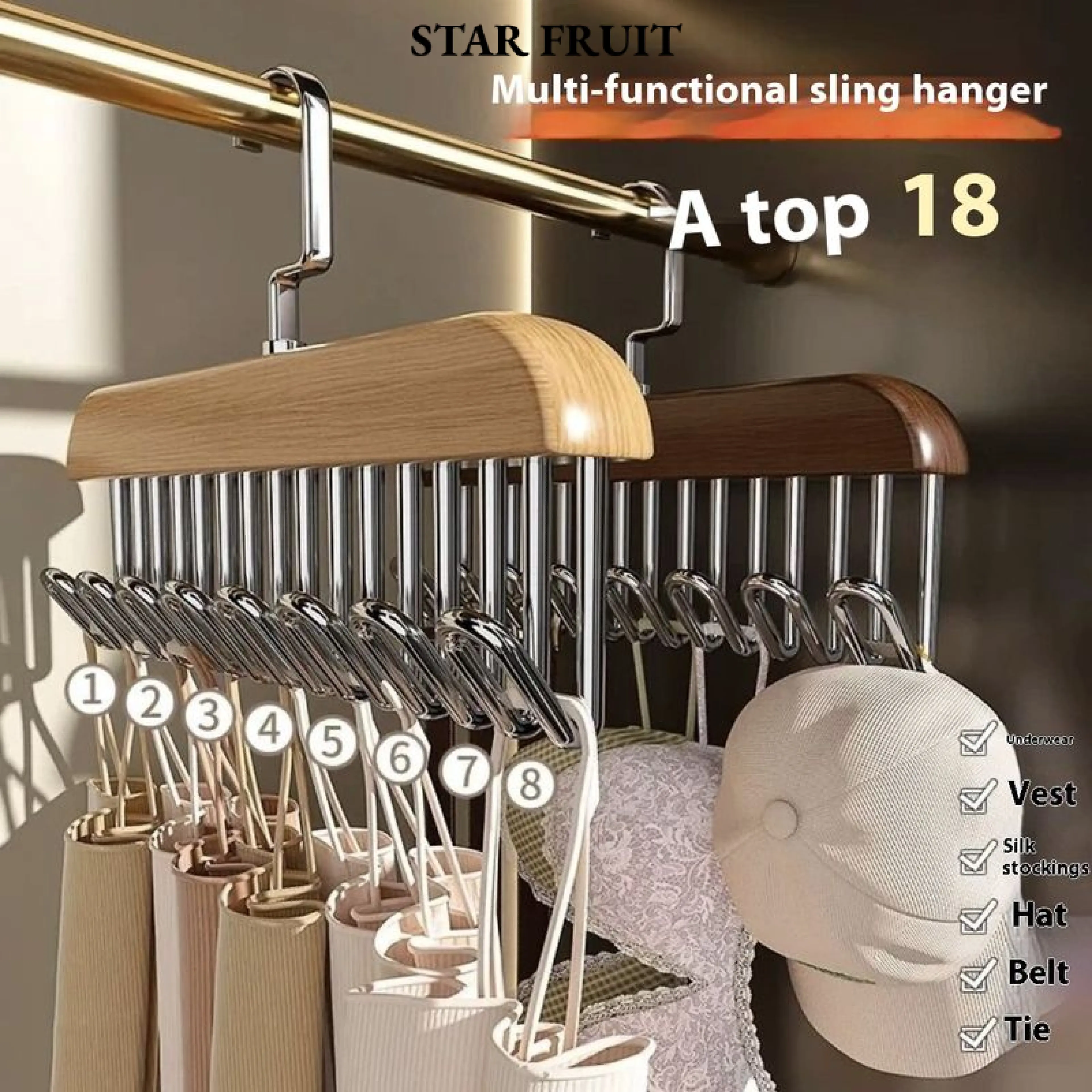 STAR FRUIT Multi-Functional Clothes Hanger for Bras, Socks, Hats, Belts and Ties - Saves Space.