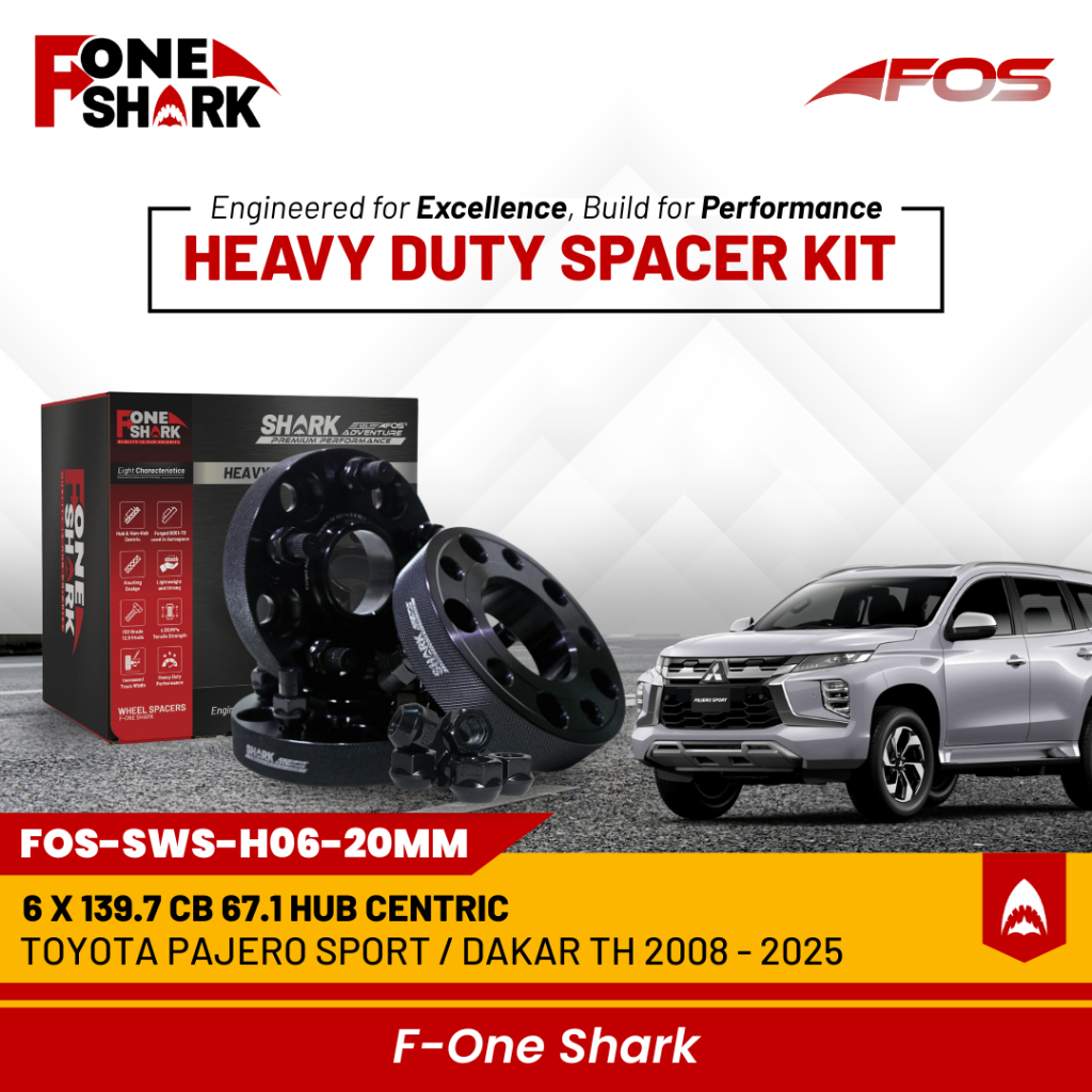 F-one shark FOS heavy duty wheel spacer adaptor Roda Velg Toyota Pajero Sport/Dakar th 2008 - 2025 forged aluminium alloy 6061-T6 PCD 6x139.7 CB 67.1 hub centric Harga 1,200,000 rupiah*Gratis Ongkir
