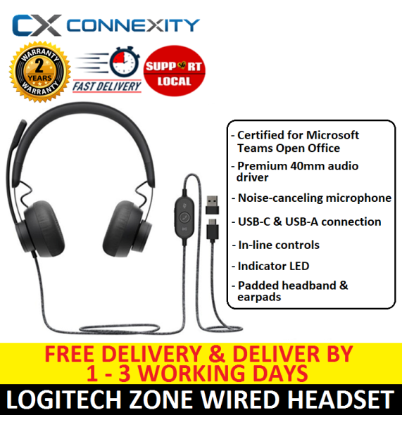 [LOCAL WARRANTY] Logitech Zone Wired Headset l Certified for Microsoft Teams l Noise Cancelling Headset with Microphone l Logitech Headset with Mic l Logitech Noise Cancelling Headset l Headset Noise Cancelling l Headset Wired l Headset with Microphone Singapore