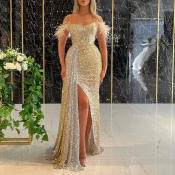 Luxury 2022 Gold Evening Gown for Women - Strapless Sequin Dress