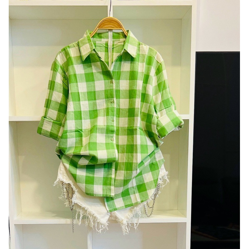 Áo sơ mi nữ tay dài freesize dưới 60kg chất cotton thái sọc caro vintage