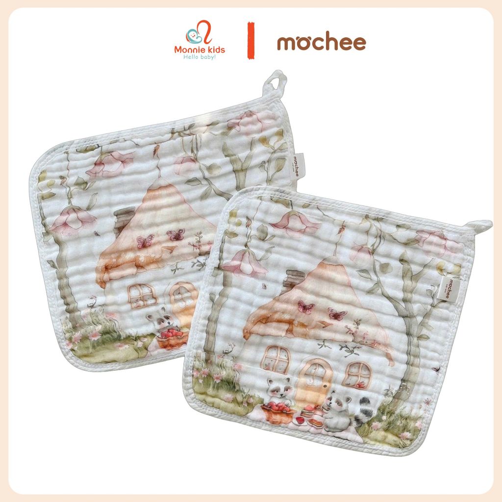 Set 3 khăn sữa cotton 6 lớp Mochee cổ tích 30x30cm cho bé, khăn mặt sợi xô tự nhiên - Monnie Kids