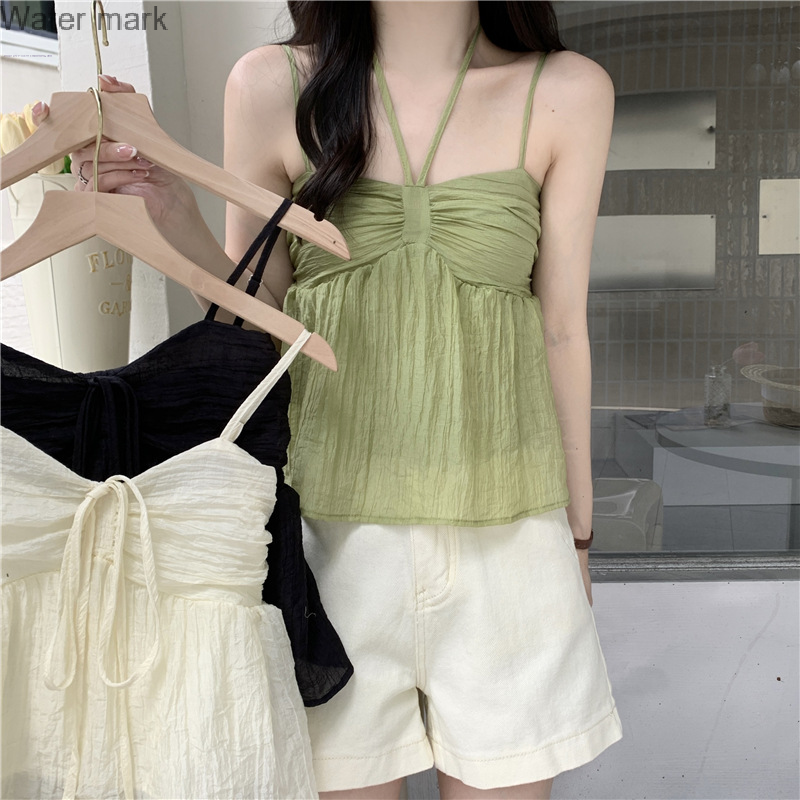 Summer new style solid color small fresh French sling halter solid color sweet little vest to wear double layer small sling