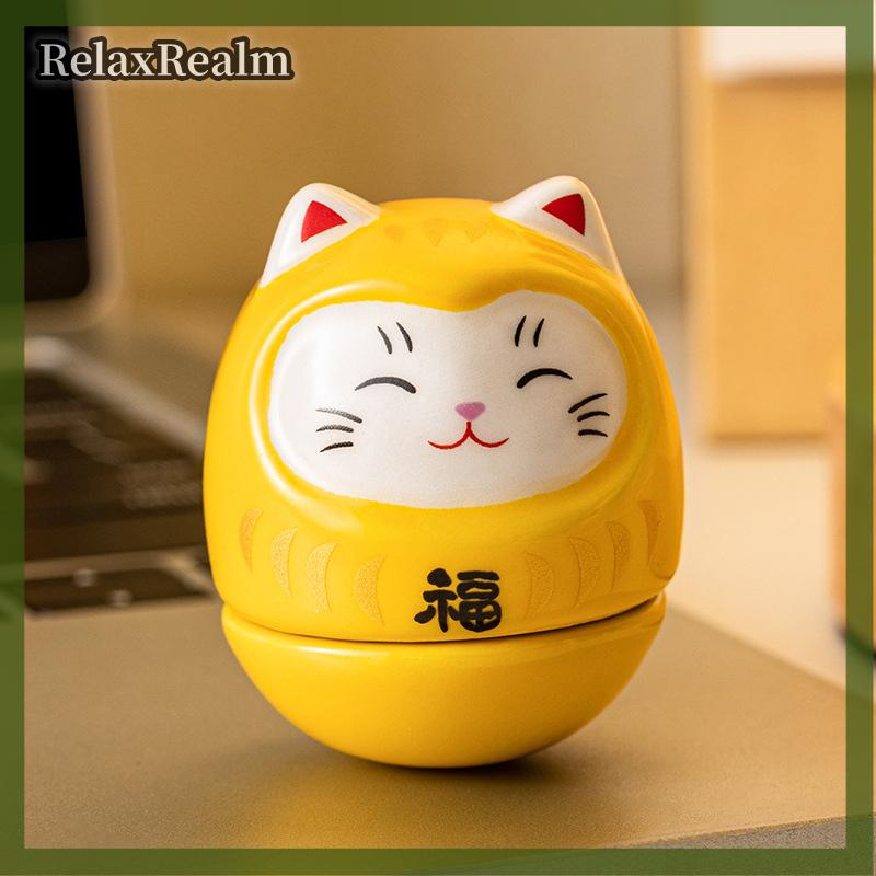 RelaxRealm Gốm Daruma tượng Daruma Tumbler Thủ công mỹ nghệ Nhật Bản phong cách may mắn mèo may mắn 