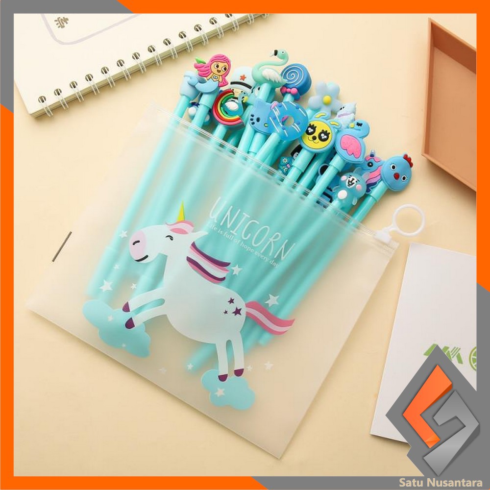 KOREAN SN-A15 Pulpen Gel Karakter Lucu Set Isi 20PCS Pena FREE Zipper Pouch Tempat Pensil Transparan Murah