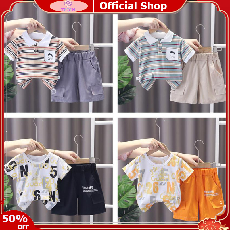 TEQIN【Fast Delivery】2pcs/set Kids Cartoon Striped Letter Printing Suit Short Sleeves Shirt Shorts Two-piece Set For Boys ราคา 159 บาท*ส่งฟรี