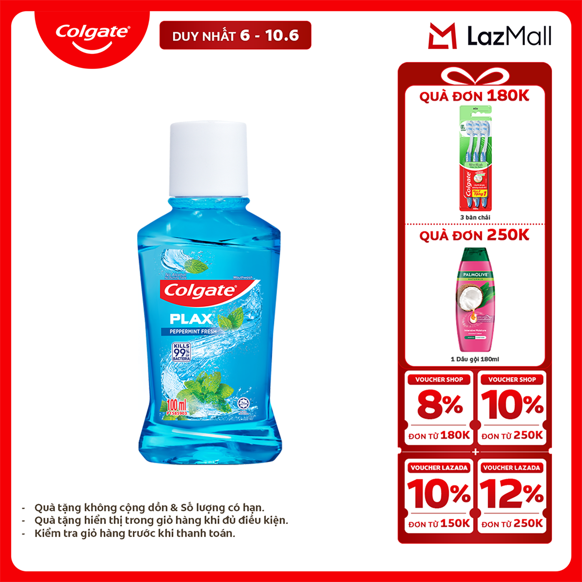 [Chỉ 6-10.6_X2 Voucher giảm 22%] Nước súc miệng Colgate diệt 99% vi khuẩn Plax bạc hà 100ml/chai