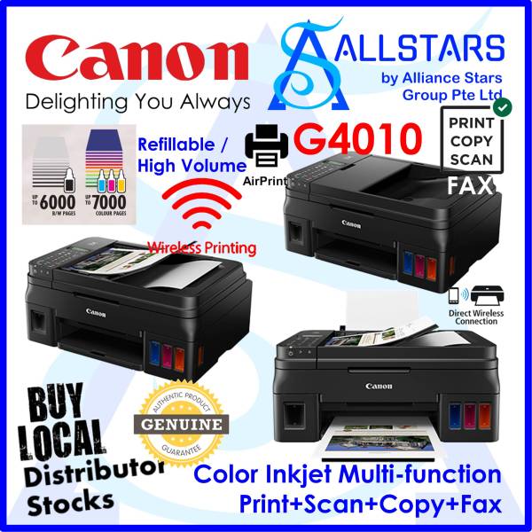 (ALLSTARS : We are Back / WFH + Office PROMO) Canon PIXMA G4010 / Canon G4010 Refillable Ink Tank Wireless Inkjet Printer / All-In-One with Fax for High Volume Printing (Warranty 2years carry-in to Canon SG) Singapore