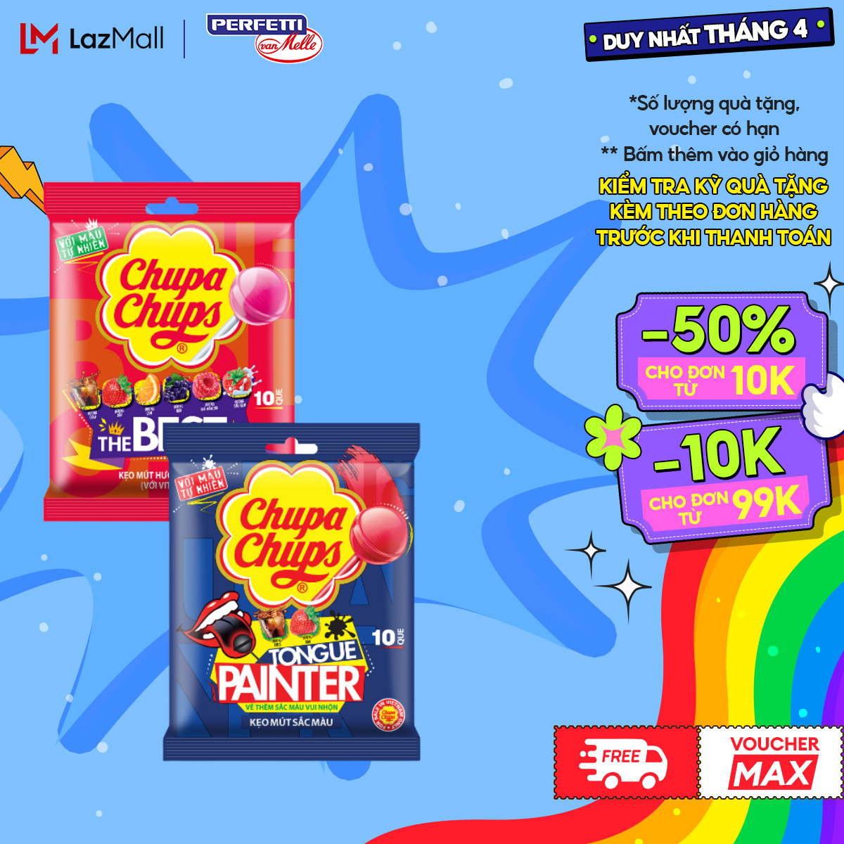 Kẹo mút Chupa Chups (Gói 10 que) Hương trái cây hỗn hợp và kẹo mút tô màu lưỡi hương Dâu và Cola