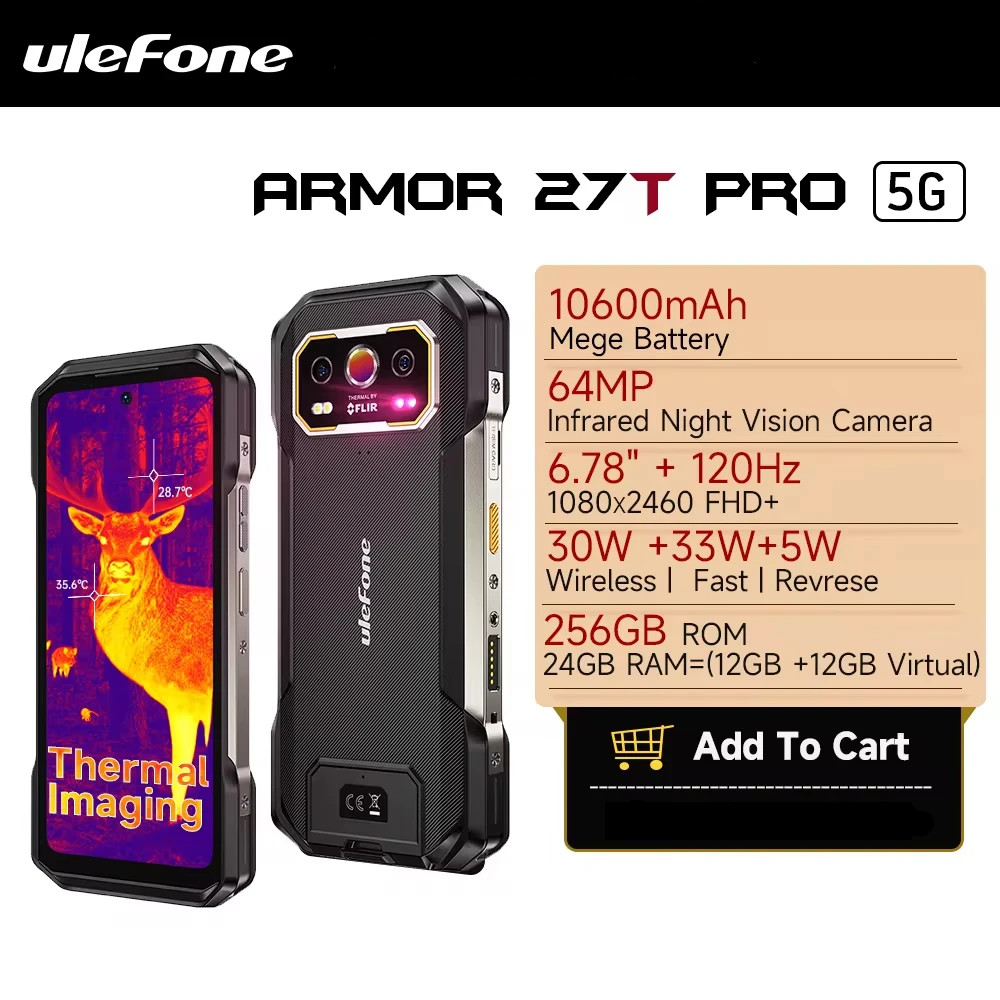 【Official shop】Ulefone Armor 27T Pro 5G Thermal Imaging Rugged Phone 10600mAh Android 14 Smartphone 50MP+64MP 6.78" 24GB+256GB ราคา 14,300 บาท*ส่งฟรี
