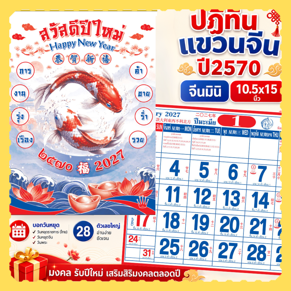 ปฏิทินแขวน จีนมินิ ปฏิทินจีน 2570 Calendar 2027 มีฤกษ์ยามมงคล มีเลขหวย พร้อมวันหยุด จดโน๊ตได้