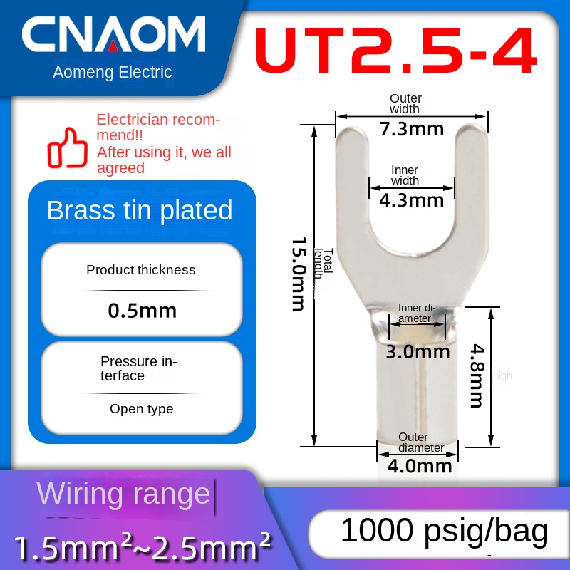 Đầu Nối cos UT2.5-4 1000 Cái/Gói | Tùy chọn UT Dạng Y/U | 0.5-10MM² | Mũi Đồng Nối Dây 3-8MM | Đóng Gói 500-2000 Chiếc