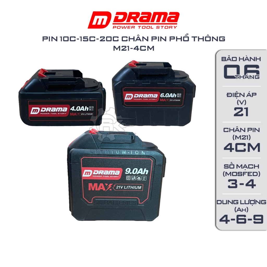 Pin DRAMA 10 cell, 15 cell, 20 Cell, Cell pin 1500mAh - 1800mah, Có đèn báo pin, Chân phổ thông 4cm, pin máy khoan, pin máy mài