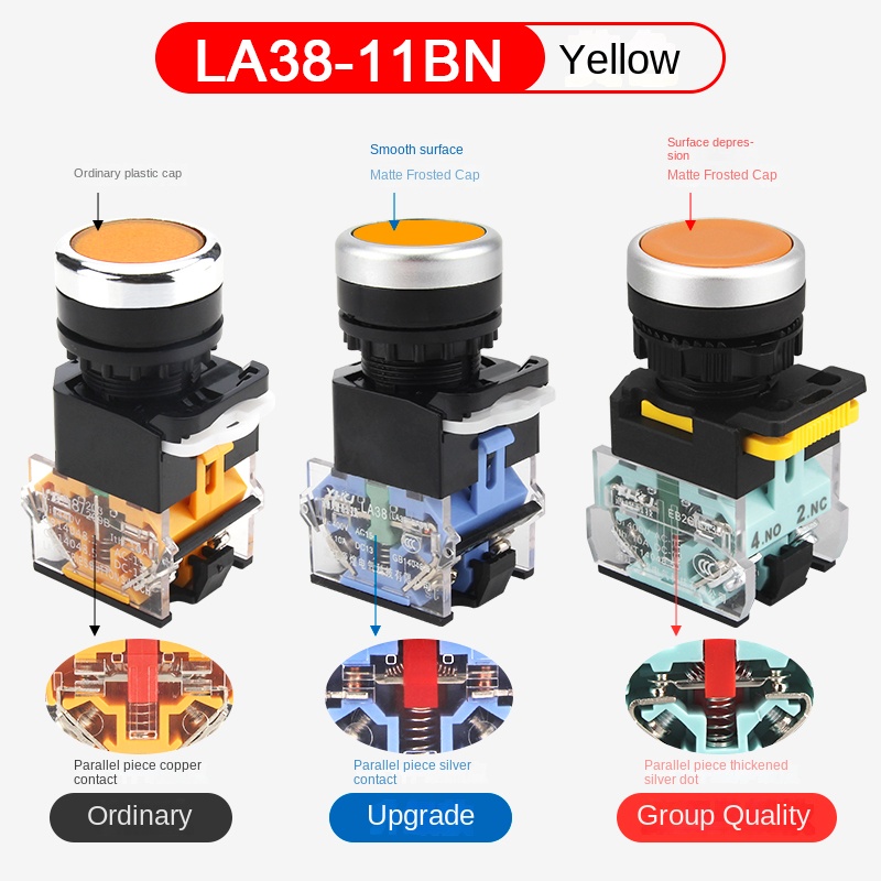 Nút Nhấn LA38-11BN , 22mm, Tự Phục Hồi/Tự Khóa, Đỏ/Xanh/Vàng, 1NO+1NC/2NO/2NC, Công Nghiệp, IP65 Chống Nước - nhấn giữ - vàng