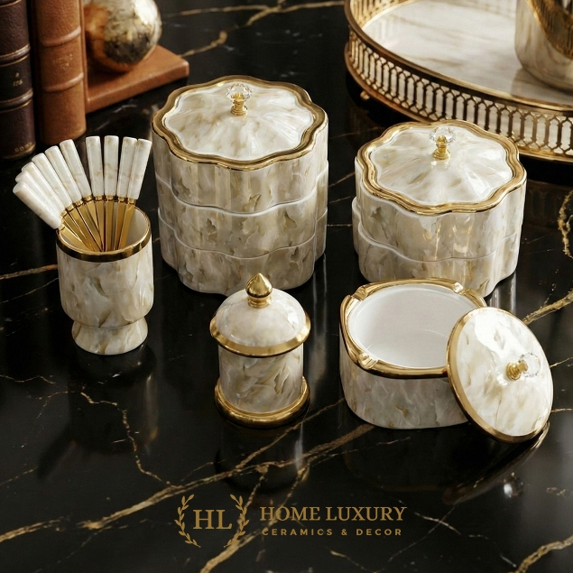 Bộ Sưu Tập Sứ 2026 Vân Đá Marble Kẻ Vàng Kim | HŨ SỨ CÓ NẮP ĐỰNG BÁNH KẸO , MỨT TẾT - HŨ ĐỰNG TĂM SỨ - GẠT ԵàN SỨ CÓ NẮP