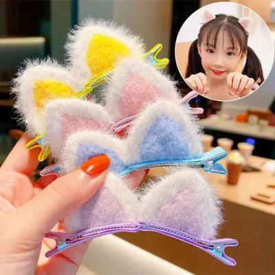 LUNZHOU 2pcs/set Party Costume Hair Accessories Headdress Fluffy Bunny Hair Clips Cute Cat Ears Hairpins 3D Plush Barrettes