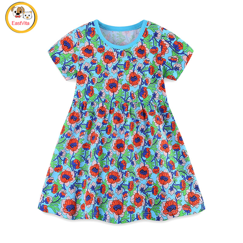 Toddler Girls Summer Dress Casual Flower Printed Princess Dress Round Neck Knitted Cotton Children's Dress ราคา 205 บาท*ส่งฟรี