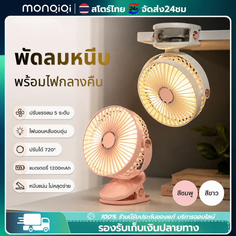 Monqiqi USB Clip Fan with Night Light, 1200Mah Battery, 5 Levels of Wind Power Adjustment, 720 Degree Rotation, Can Be Used Both as a Desktop Fan and a Clip Fan, White, Pink. ราคา 155 บาท*ส่งฟรี
