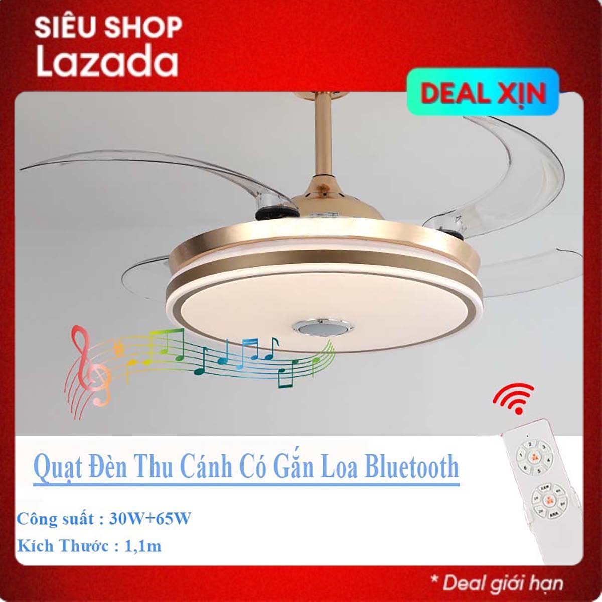 Quạt trần đèn led, có loa bluetooth, cánh quạt ẩn, động cơ lõi đồng điều khiển từ xa