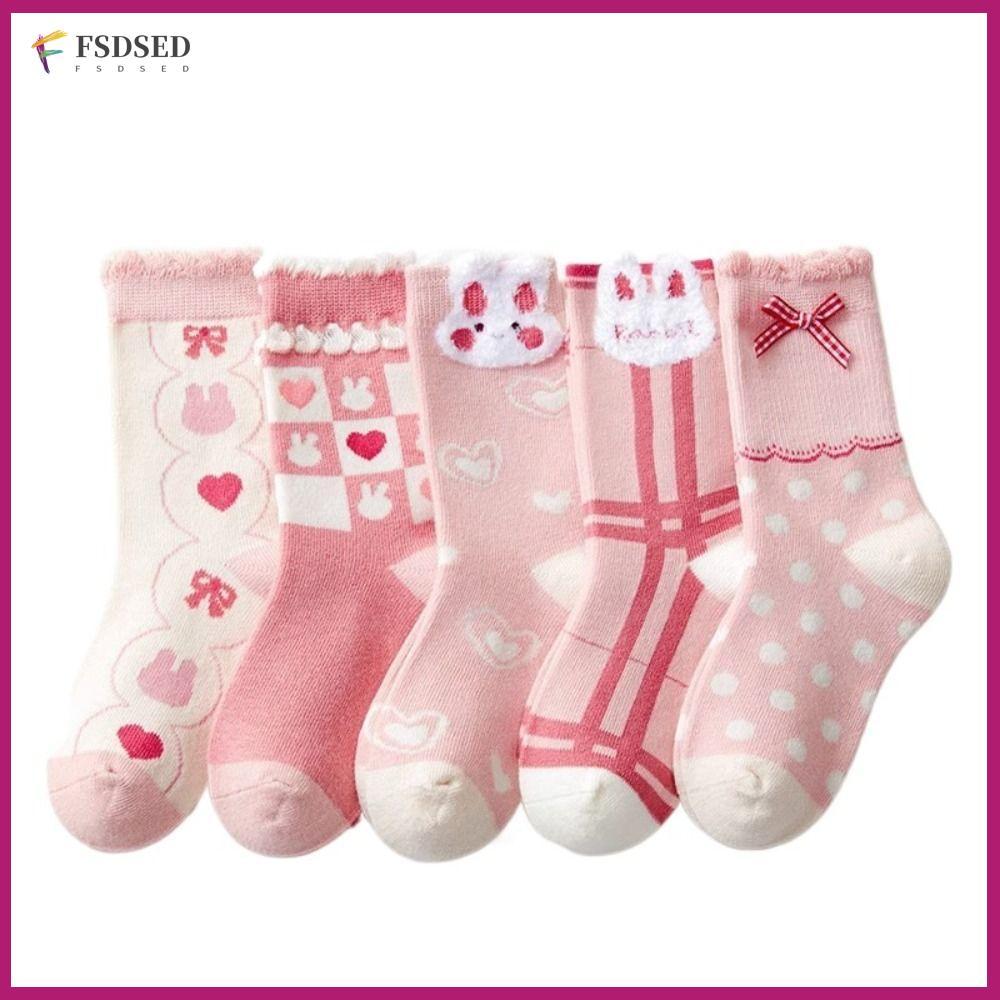FSDSED 5Pairs Siêu dày Vớ vải bông hình thỏ Miller 1-16years Phụ kiện Dệt nữ 2024 Ngọt ngào Vớ thể thao