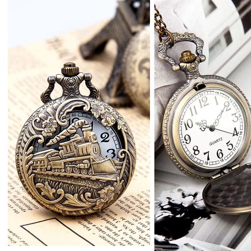 Unisex nam nữ Đồng hồ bỏ túi đầu máy tàu hơi nước Quà Tặng Rome cổ điển cổ rỗng phong cách cơ khí