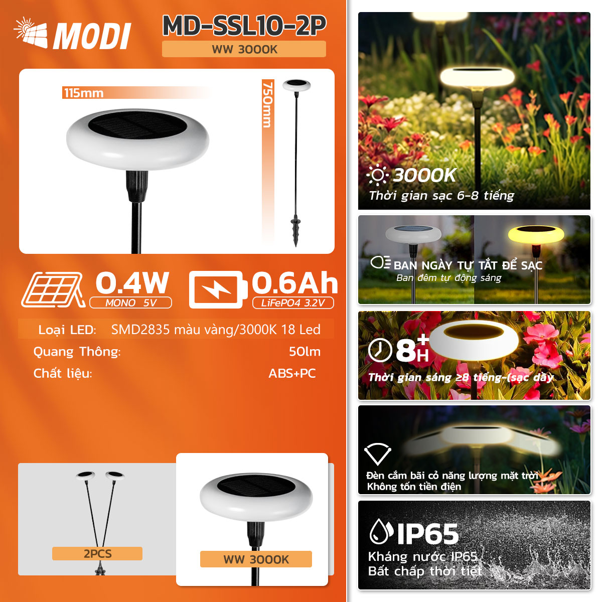 COMBO 2 Đèn Cắm Cỏ Sân Vườn Năng Lượng Mặt Trời MODI SOLAR Chống Nước IP65 Ánh Sáng Vàng Ấm Áp