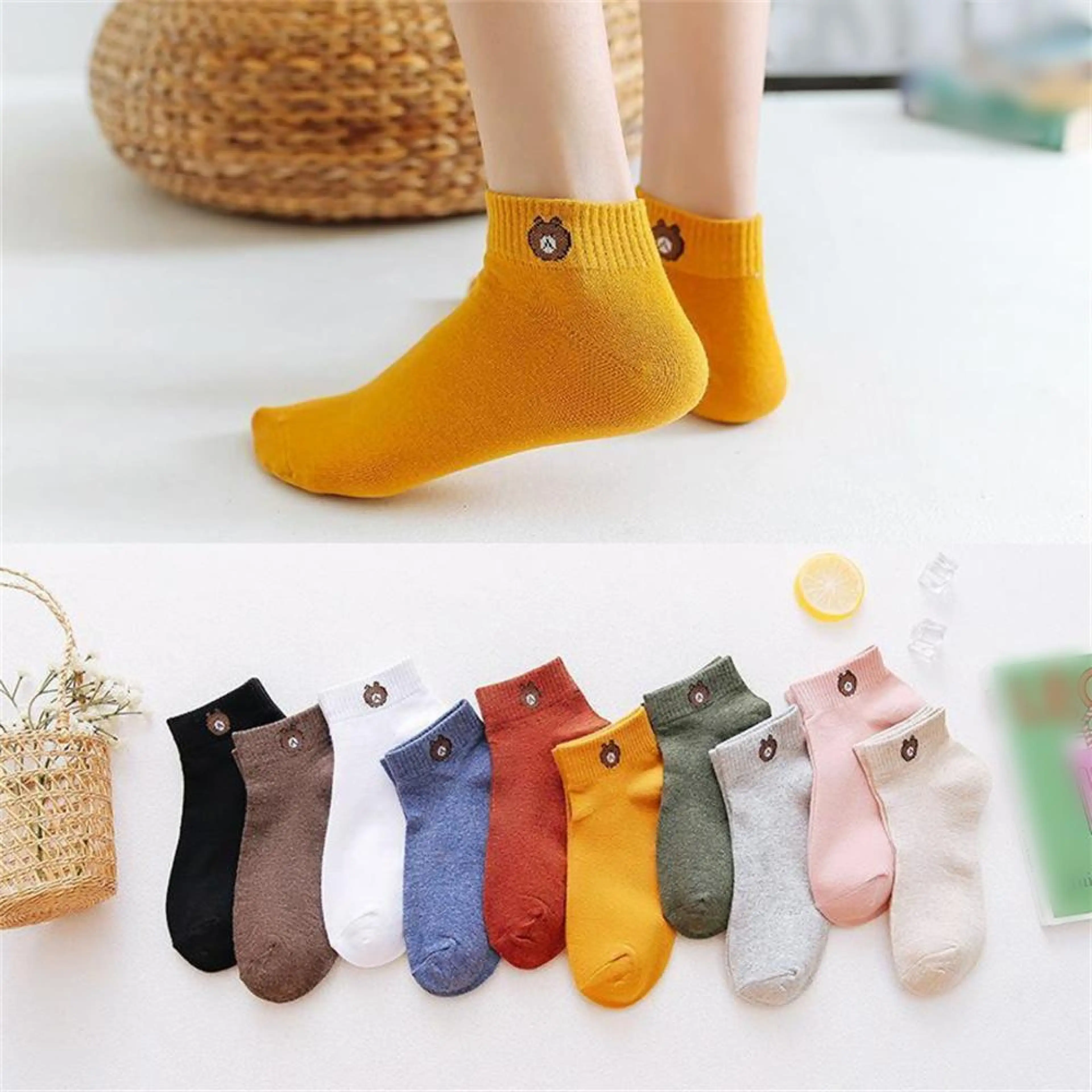 ถุงเท้าแบร์ แฟชั่น สำหรับผู้หญิงและ Unisex ผ้าฝ้ายเนื้อนุ่ม ถุงเท้าเรือที่มองไม่เห็น ถุงเท้า ลายการ์ตูนน่ารัก