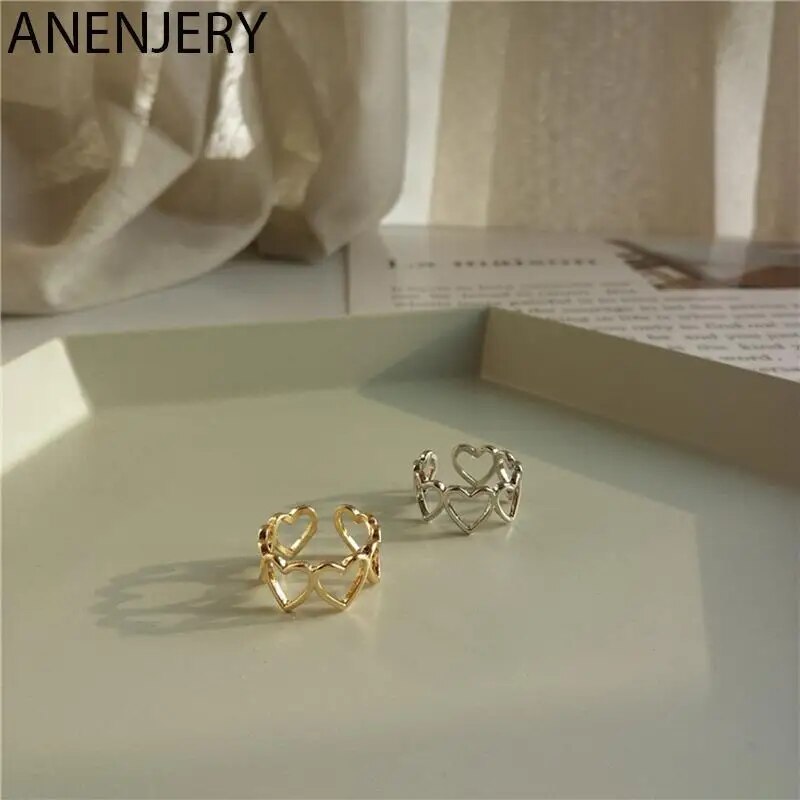 Anenjery Màu Bạc Hollow hình trái tim bạc mở ngón tay thời trang cho phụ nữ tiệc trang SỨC TIỆC S-R905