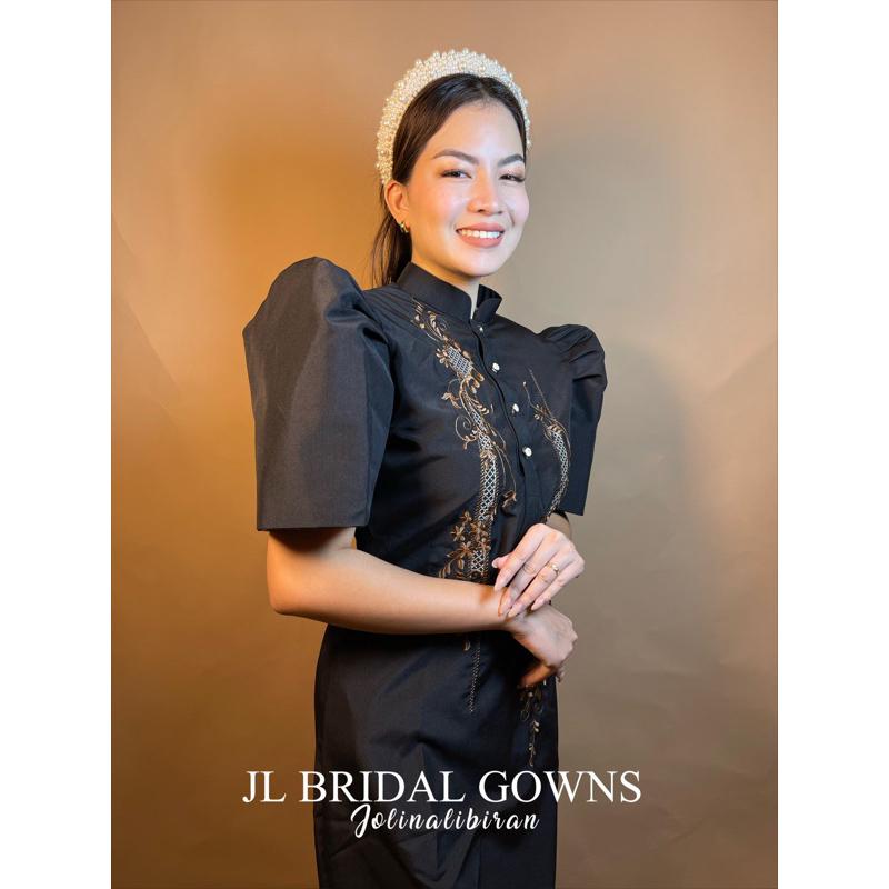 filipiniana dress black Black Neoprene Ethnic Filipiniana Dress