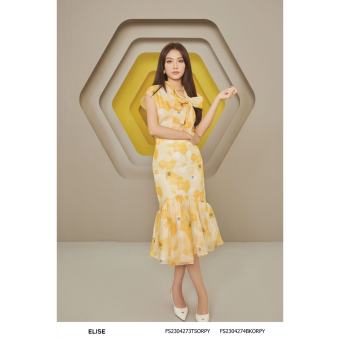 Chân váy tơ HT nền vàng đuôi cá thiết kế Elise FS2304274BKORPY