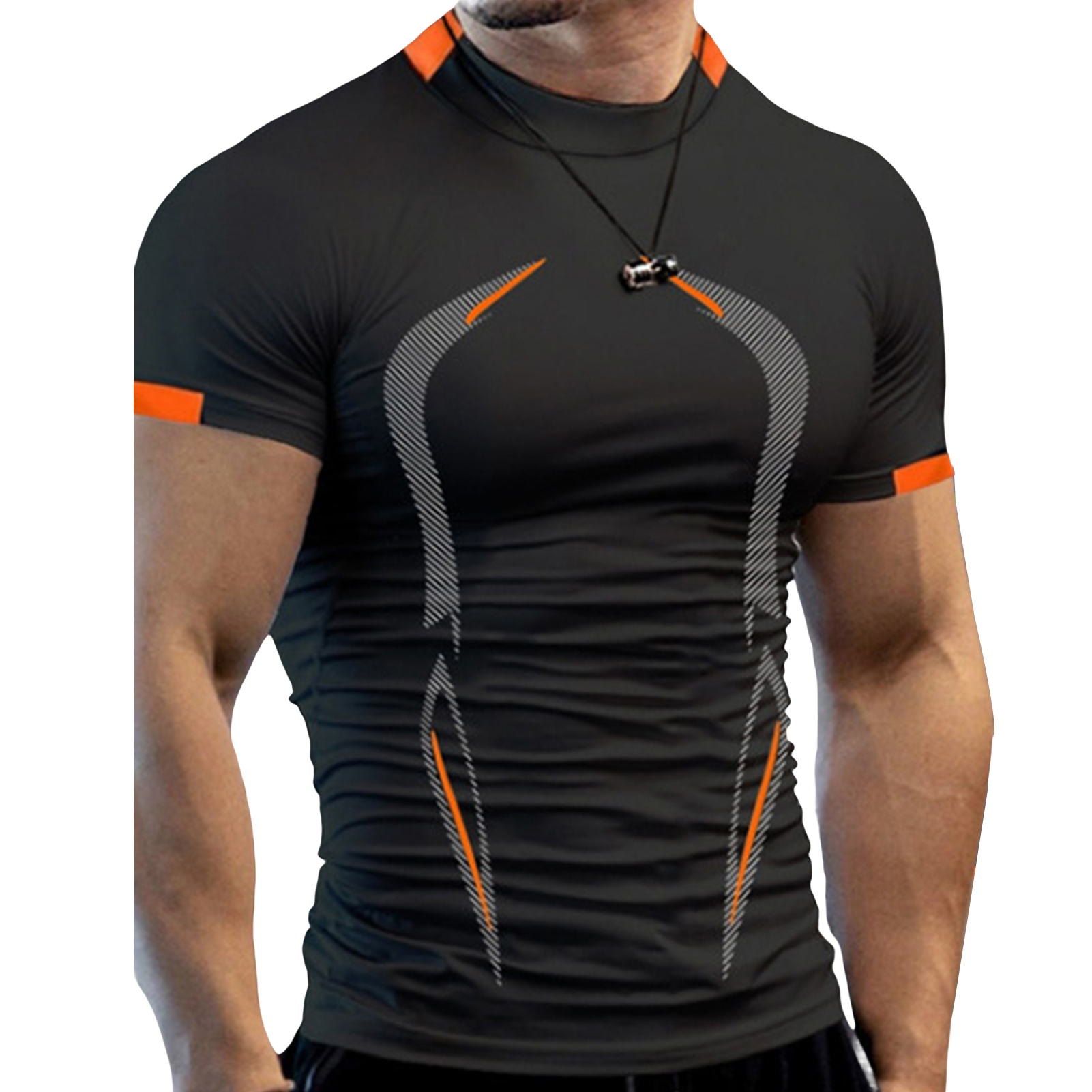 Dece Flor Half High Collar Short Sleeve Printing Stitching Men T-shirt Summer Running Compression T-shirt Streetwear Pullover Top Printing - 3