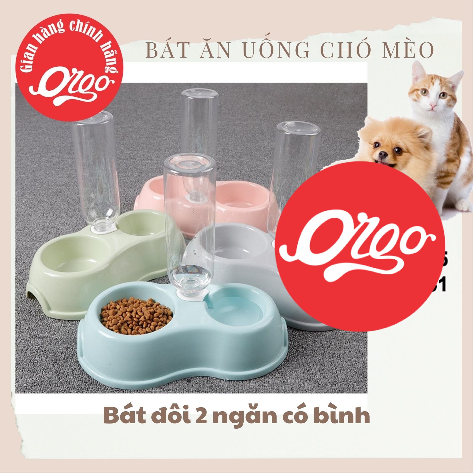 Orgo - Bát nhựa đôi tự động có kèm bình nước bát ăn/ uống chó mèo tự động có gen vặn chai- HP10925TC