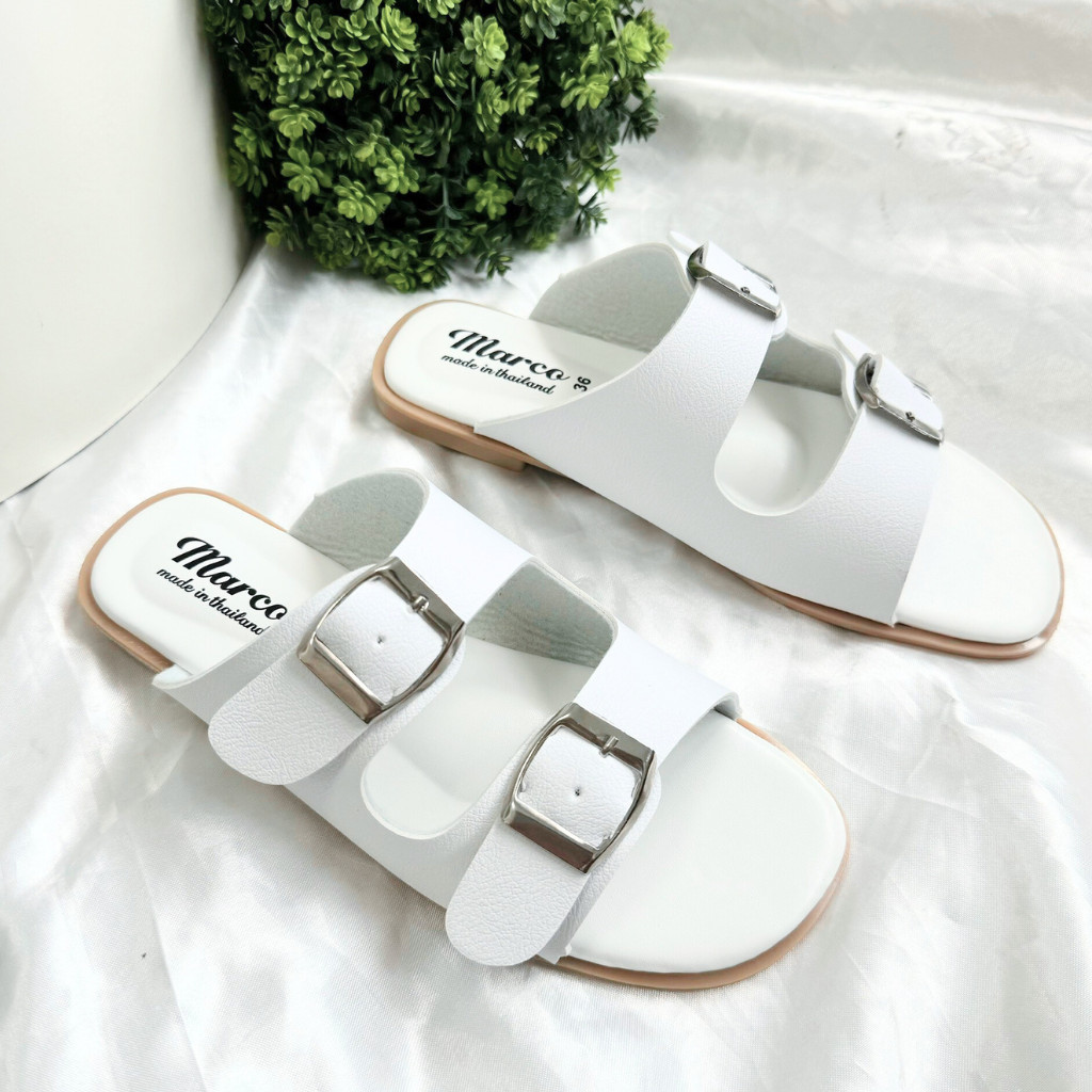 รองเท้าแตะแบบสวม แบรนด์ Marco รุ่น T1087 คาดเข็มขัด2เส้น หนังนิ่ม ราคา 125 บาท*ส่งฟรี