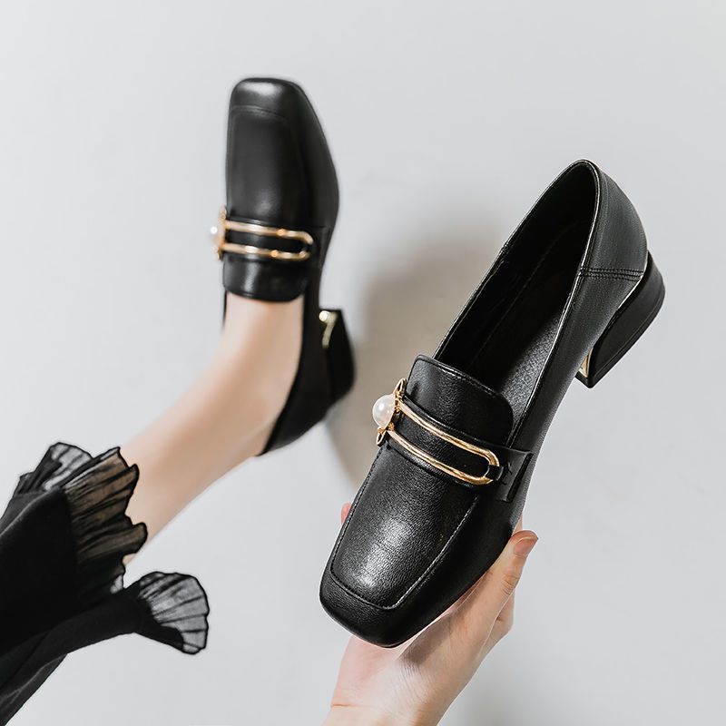 Giày gót to nữ da mềm chính hãng giày da nhỏ phong cách Anh Quốc Giày nữ 2023 mới đa năng giày mọi một bàn đạp chân