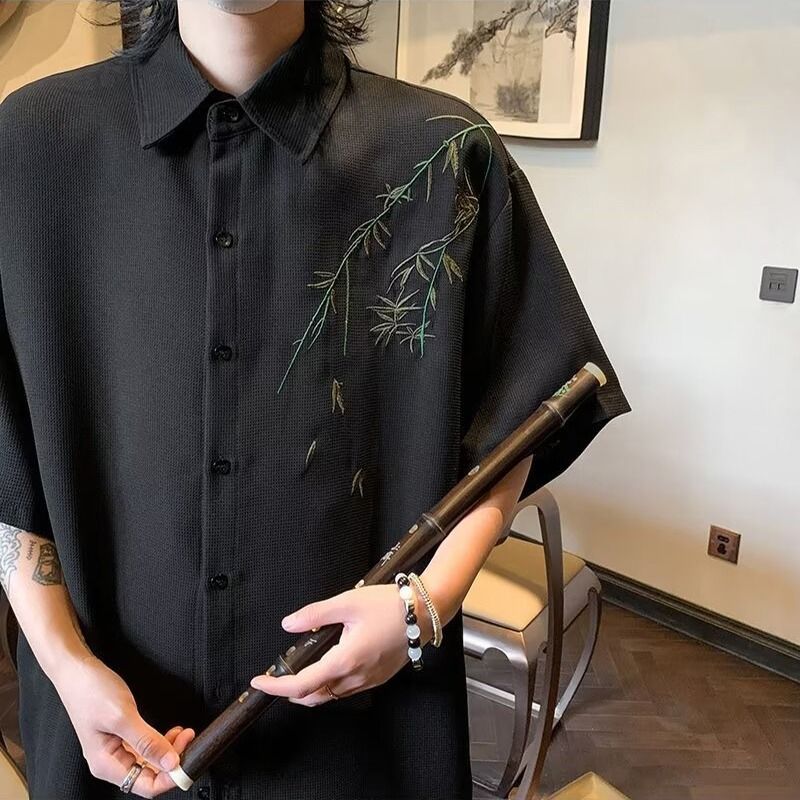 EXLUX summer cool feeling new Chinese style bamboo embroidery short sleeved shirt mens casual Tang s