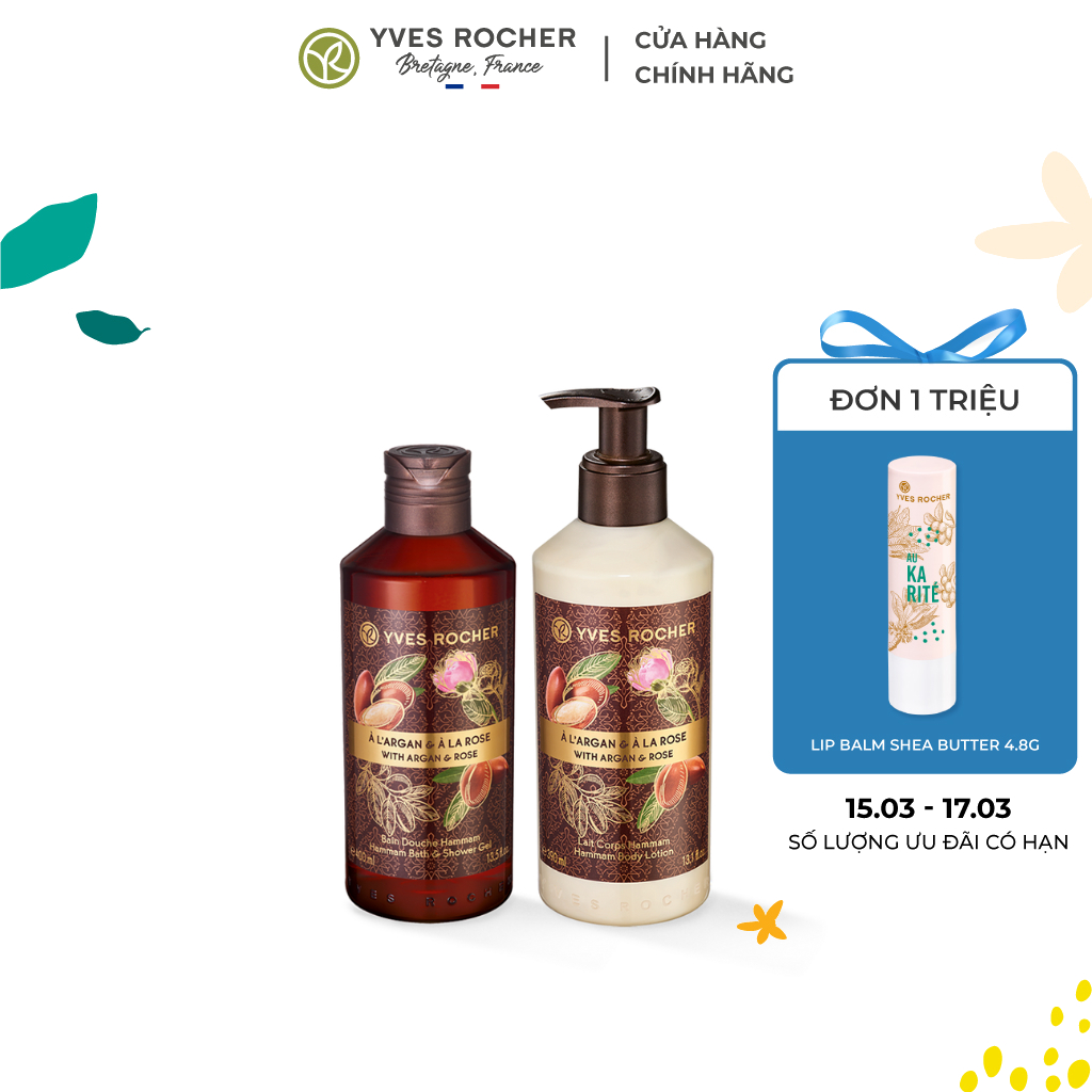 Combo làm sạch và dưỡng ẩm cơ thể yves rocher rocher argan rose peals 790ml