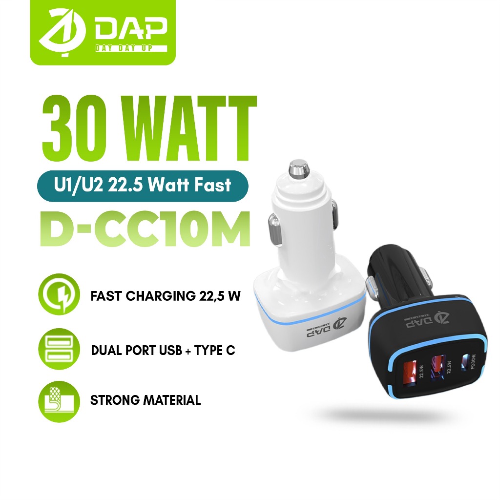 DAP D-CC10M Car Charger Type C PD 30 watt 2.4A Dual Port USB Fast Charging For Mobil Motor Termasuk kabel data - Garansi 1 Tahun Harga 67,650 rupiah*Gratis Ongkir