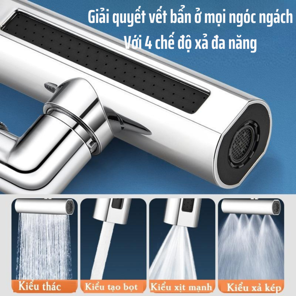 Đầu nối vòi nước dáng thác nước xoay 360 khớp nối vòi nước cho bồn rửa với 4 chế độ phun nước tiện ích