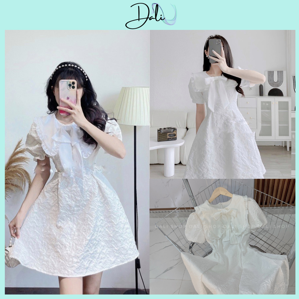 Váy xốp hoa cổ bèo nơ tiểu thư, váy xinh phối nơ voan xinh xắn