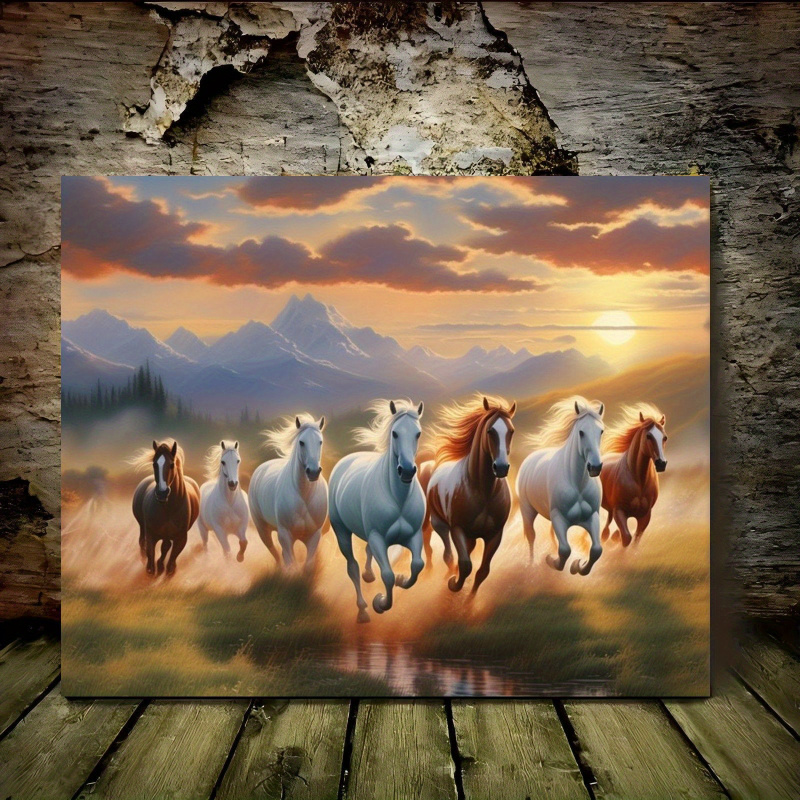 Vastu Lucky Seven Horses Canvas Wall Art with Wooden Frame - Waterproof Decor for Home & Living Room Anniversary Gift (Black Aluminum Alloy Frame)