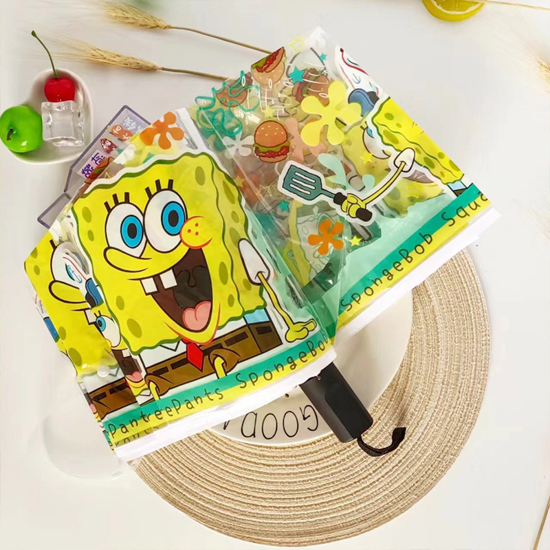 Kudixiong SpongeBob Squarepants ô trong suốt Dù xếp hoàn toàn tự động Ô dù họa tiết hoạt hình thẳng 