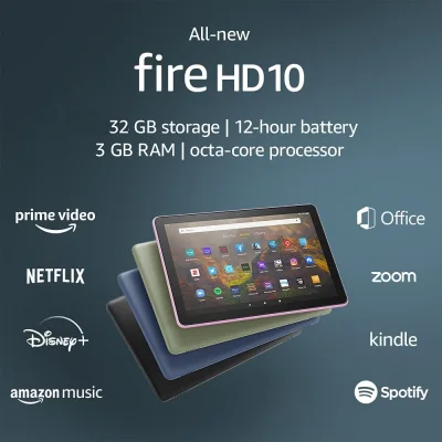 (Just Arrived!!!) 2021 All-new Fire HD 10/Fire HD 10 PLUS tablet, 10.1", 1080p Full HD, 32 GB, latest model (11th Gen), With Lockscreen Ads