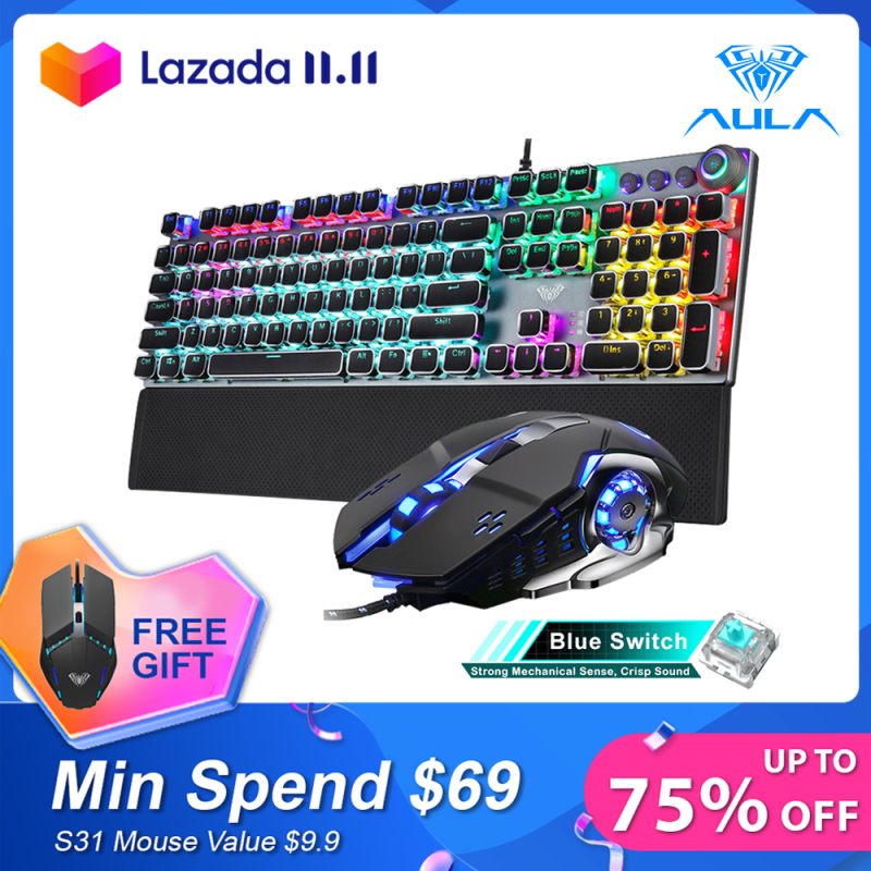 AULA Mechanical Gaming keyboard and mouse Combo Black/Blue Switch for PC Laptop Game(F2088+S20) Singapore