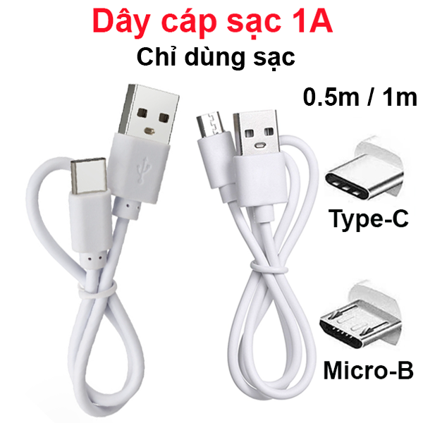 Dây cáp sạc USB màu trắng Micro/ type C - Chỉ sạc hoặc sạc + truyền dữ liệu (data)